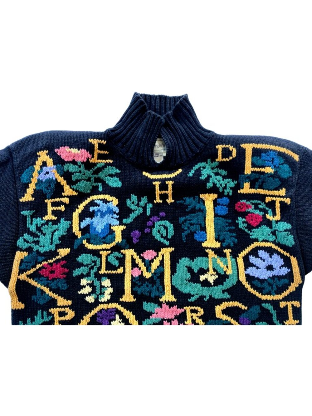 Vintage Sweater Eagle's Eye Cottagecore Grannycore Alphabet Black Y2K 80's LARGE - Picture 5 of 12